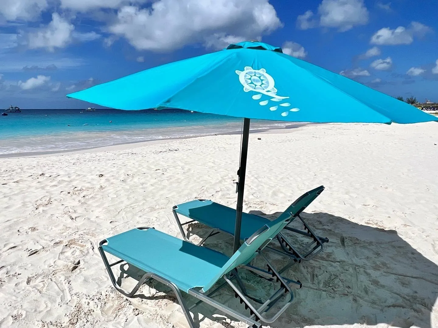 A turquoise umbrella with a turtle logo shading two loungers on the sand at Carlisle Bay
